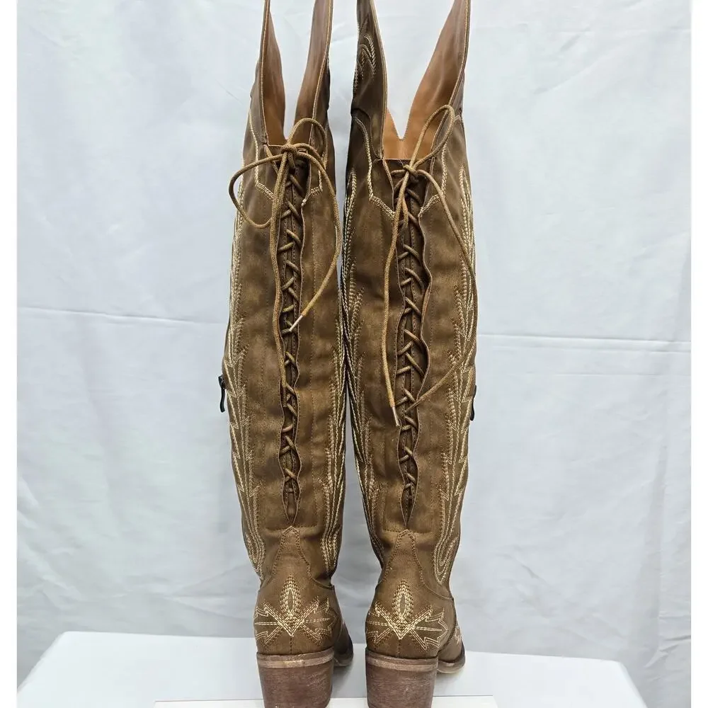 Brown Embroidered Thigh-High Over-the-Knee Cowboy Back Lace-Up Boots Size 6